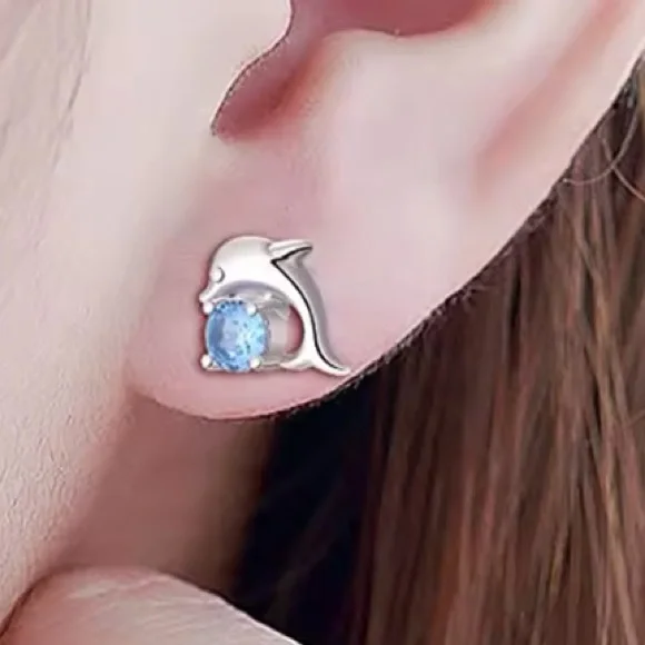 Sterling Silver Dolphin Earrings with Blue Gemstone .925 - Picture 3 of 5